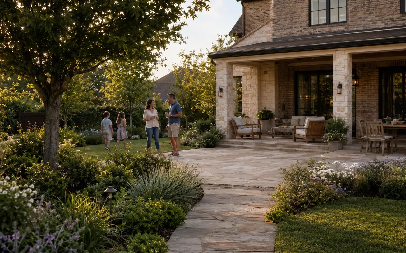 A family enjoying an elegant landscaped backyard in North Texas
