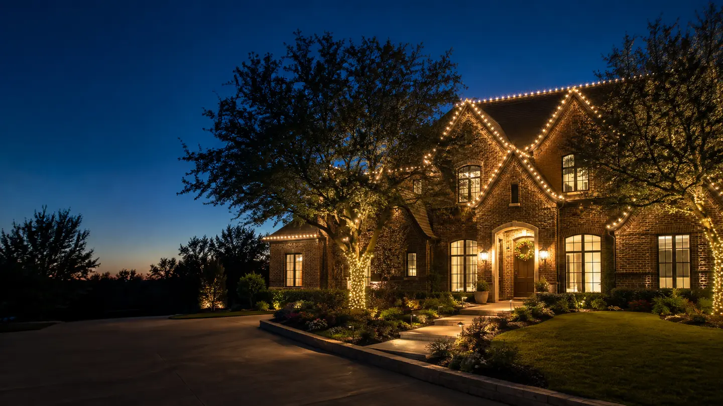 Professionally installed warm-white Christmas lights on a North Texas home