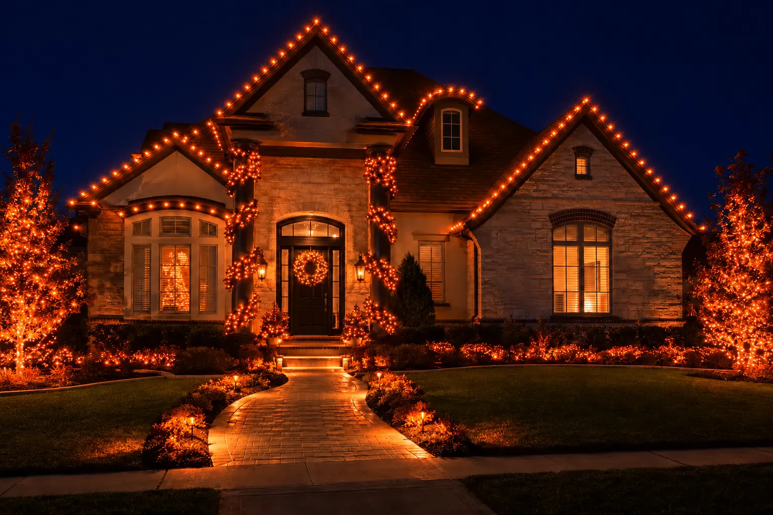 Warm-white roofline and tree lighting design for a Celina home