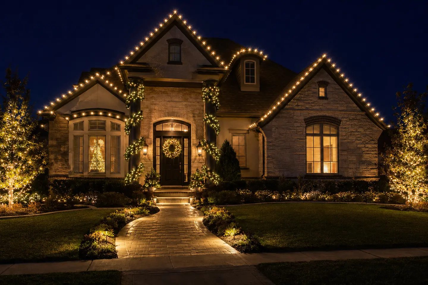 Christmas lighting design visualization with a warm-white roofline, lit columns and landscape accents for a Prosper-style home