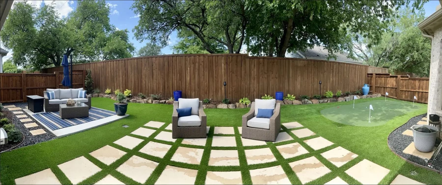 Finished North Texas backyard with healthy turf, planting beds and coordinated irrigation