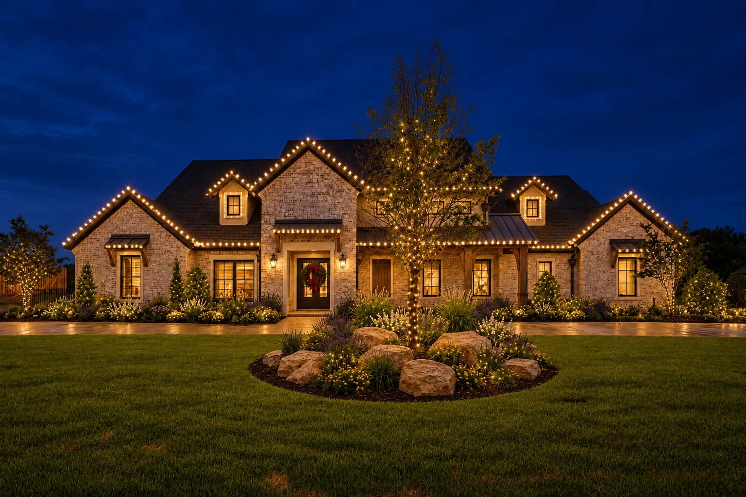 Christmas design concept showing the Landmark homepage house at night with warm-white roofline lights, a glowing tree and a wreath at the entry.